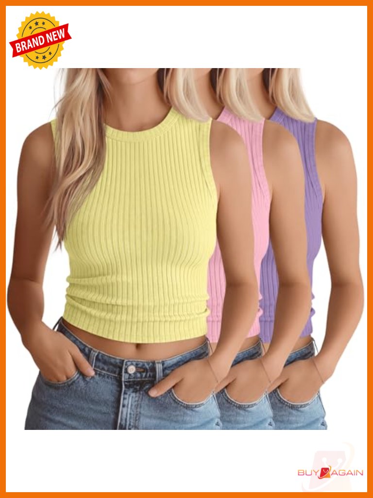 3 Pack Women's Crop Tops 95% Cotton Ribbed Crew Neck Sleeveless Tanks
